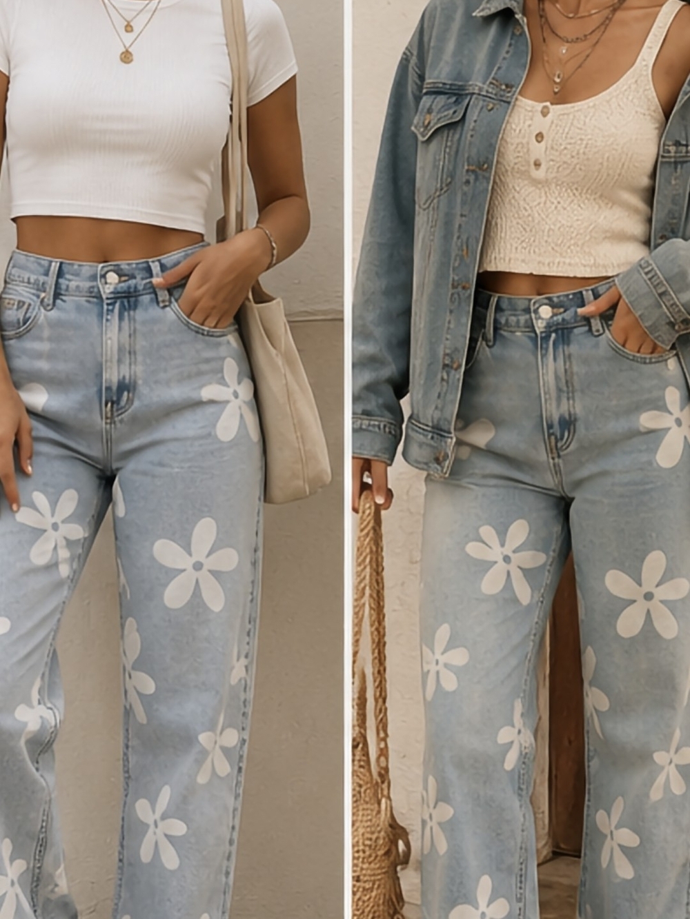 High-Rise Floral Print Wide-Leg Jeans - Light Blue